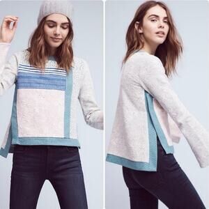 Postmark x Anthro, Latitudes Patchwork Textured Sweater, White Pink Blue - Large